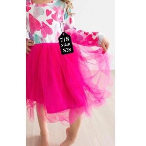 Girls Heart Print Dress with Pink Tulle Skirt